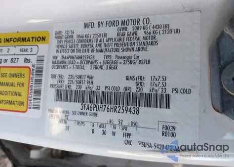 2017 Ford Fusion Se из США, поврежденный, VIN 3FA6P0H76HR259438